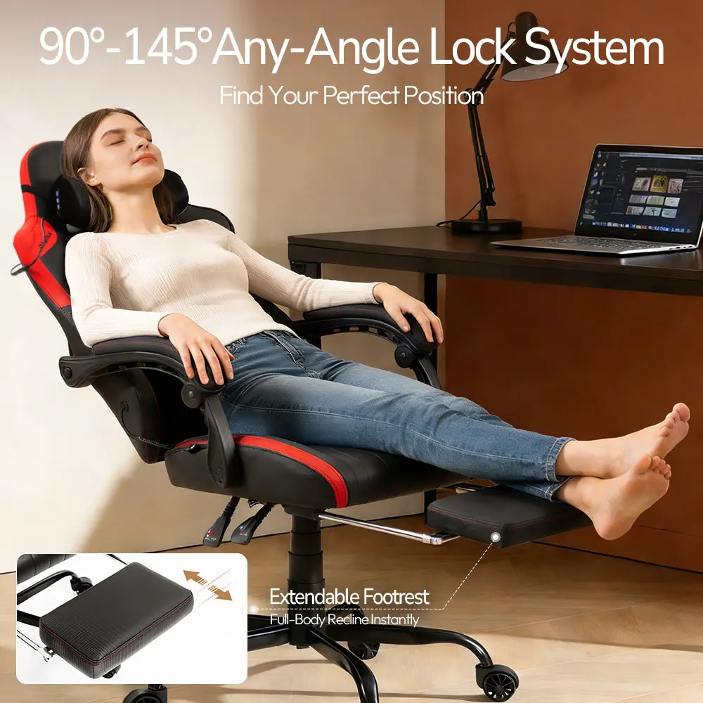 Dowinx Shiatsu Massage Gaming Chair with Footrest – Ergonomic Leather Recliner | 66D59A - Black & red - Image 5