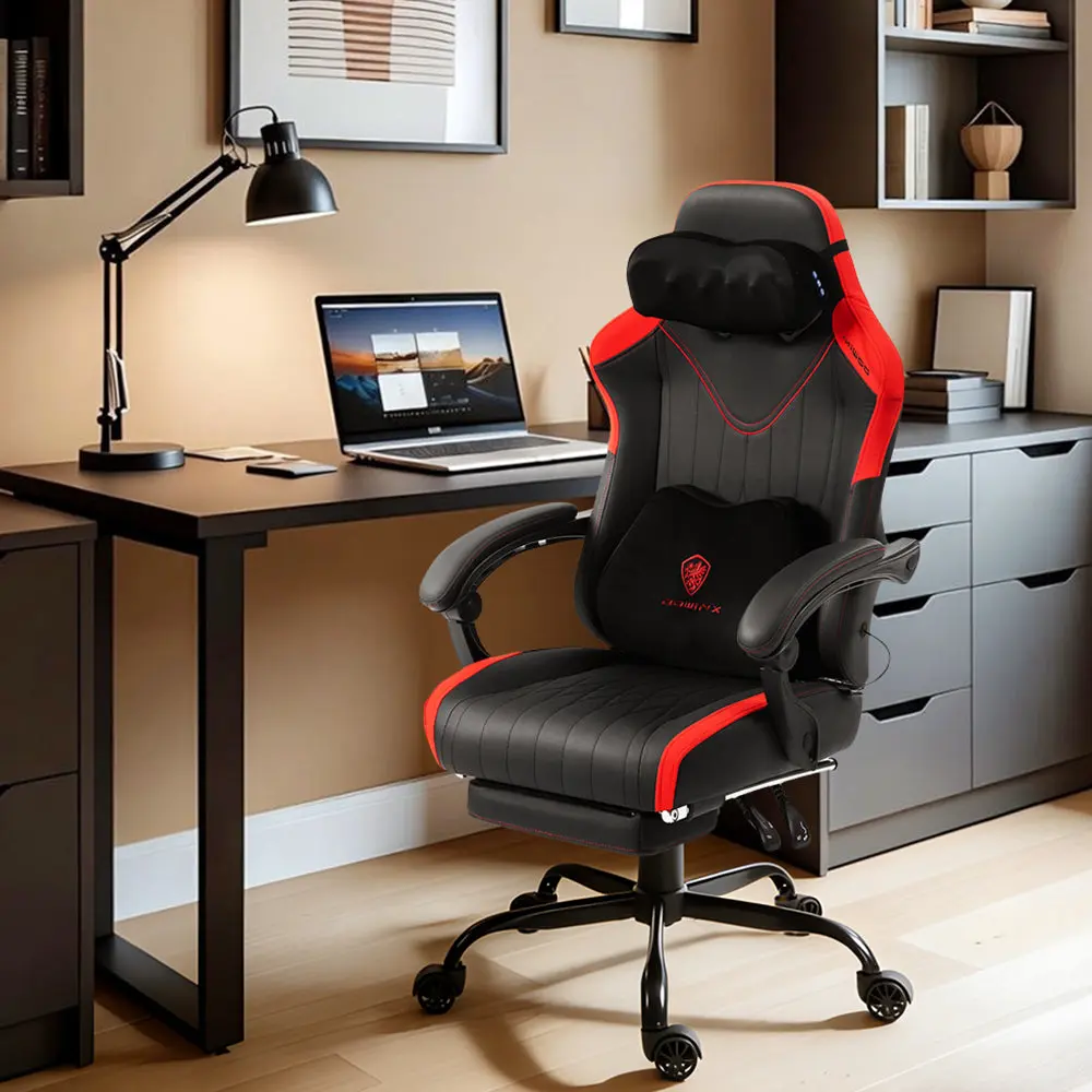 Dowinx Shiatsu Massage Gaming Chair with Footrest – Ergonomic Leather Recliner | 66D59A - Black & red - Image 7