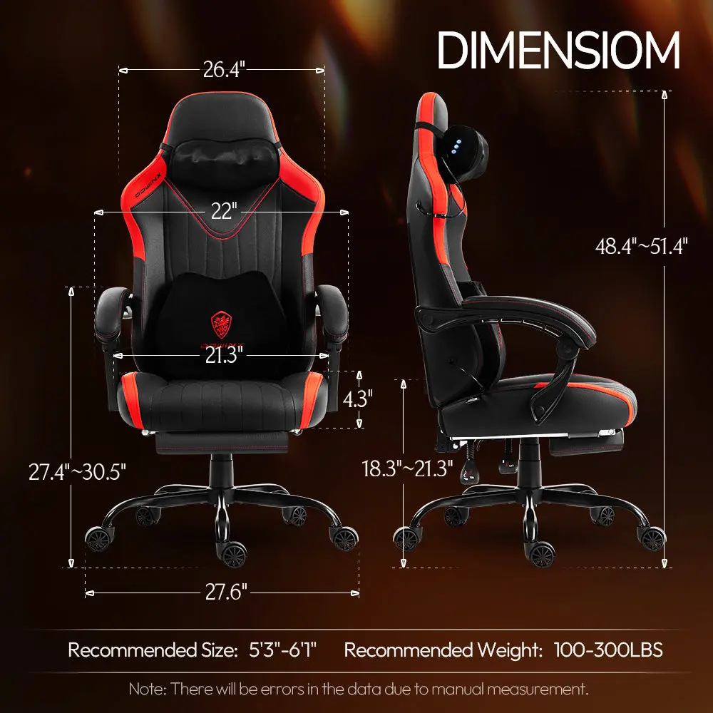 Dowinx Shiatsu Massage Gaming Chair with Footrest – Ergonomic Leather Recliner | 66D59A - Black & red - Image 8