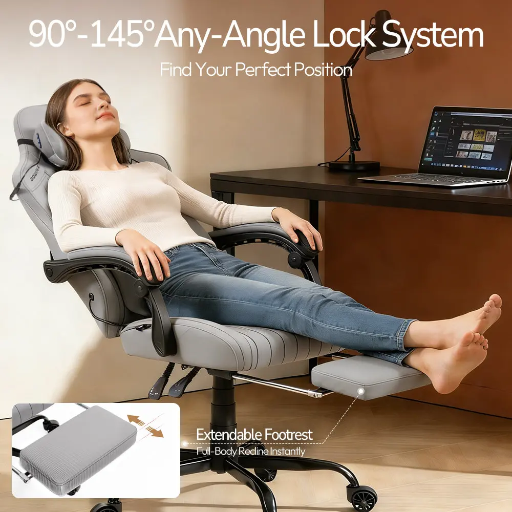 Dowinx Shiatsu Massage Gaming Chair with Footrest – Ergonomic Leather Recliner | 66D59A - Grey - Image 5