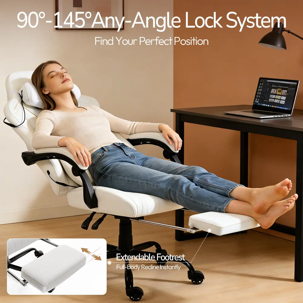 Dowinx Shiatsu Massage Gaming Chair with Footrest – Ergonomic Leather Recliner | 66D59A - White - Image 4