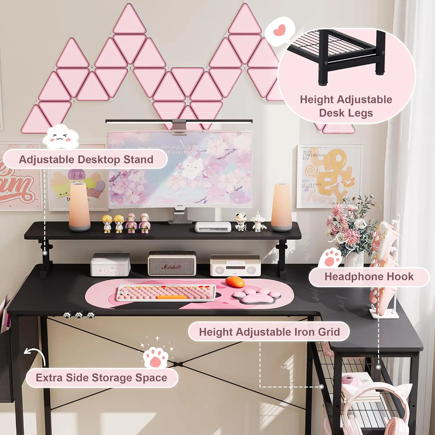 L-Shaped Gaming Desk Cute SERIES 43-Inch, Black&Pink - Image 5