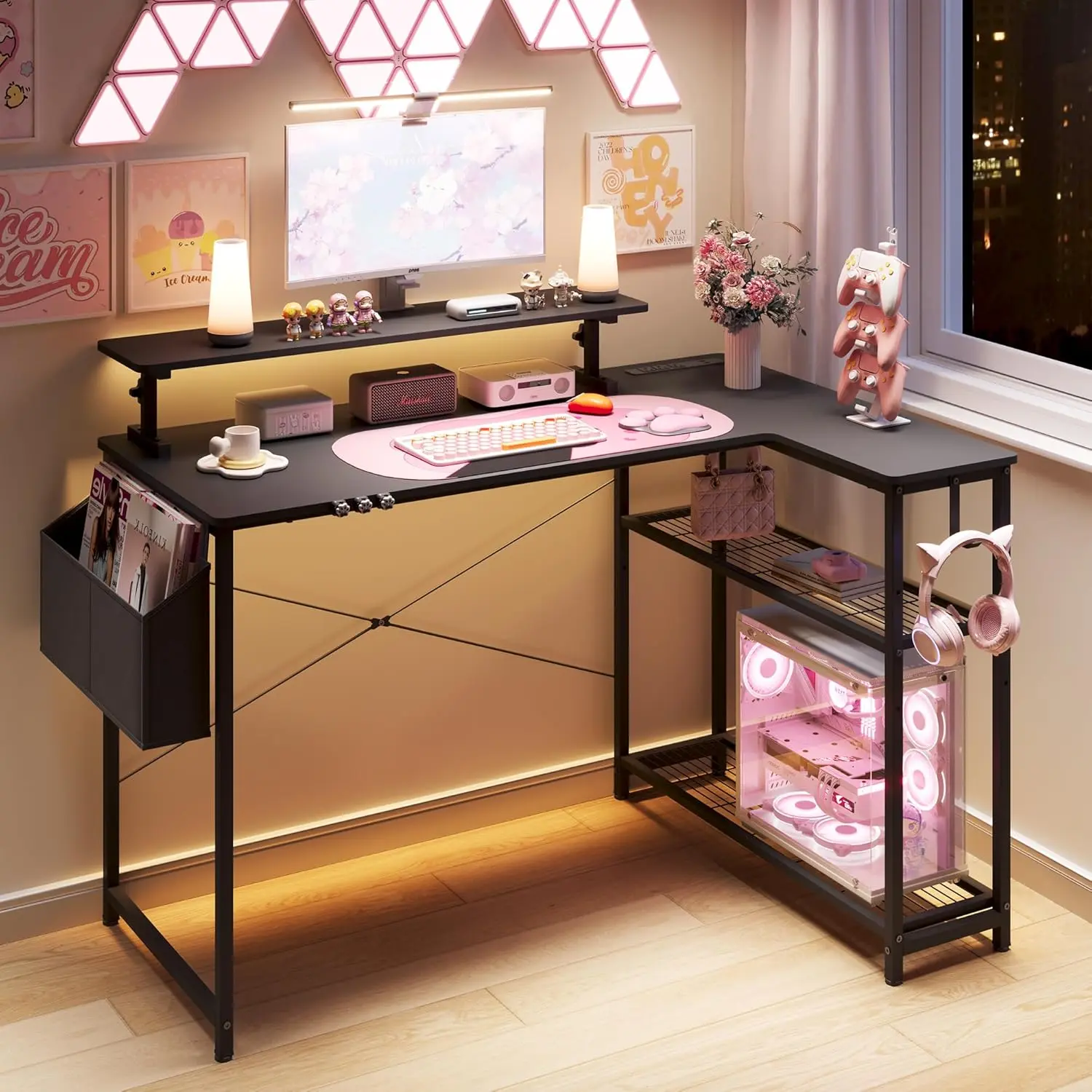 L-Shaped Gaming Desk Cute SERIES 43-Inch, Black&Pink - Image 6