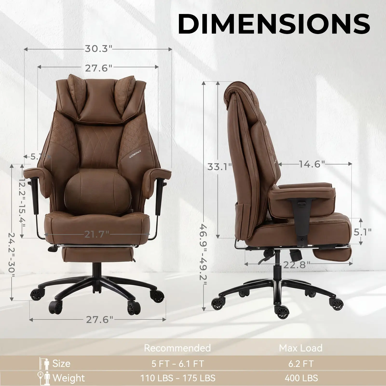Office Chair QL-66B3 - Brown（PU) - Big & Tall Massage Boss Chair for Work & Relax | Dowinx - Image 3