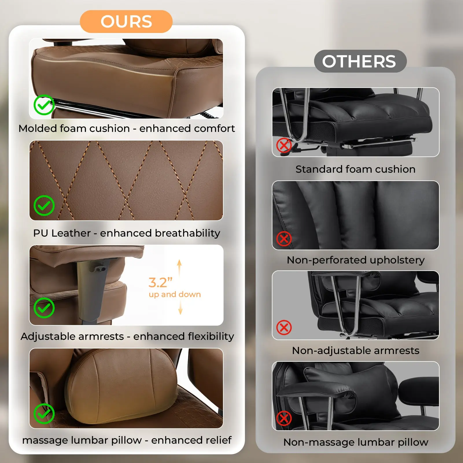 Office Chair QL-66B3 - Brown（PU) - Big & Tall Massage Boss Chair for Work & Relax | Dowinx - Image 8