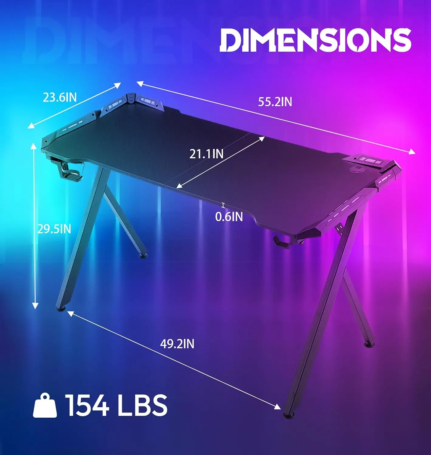 T-Shaped LED Series Gaming Desk 55 Inch Black - Image 3