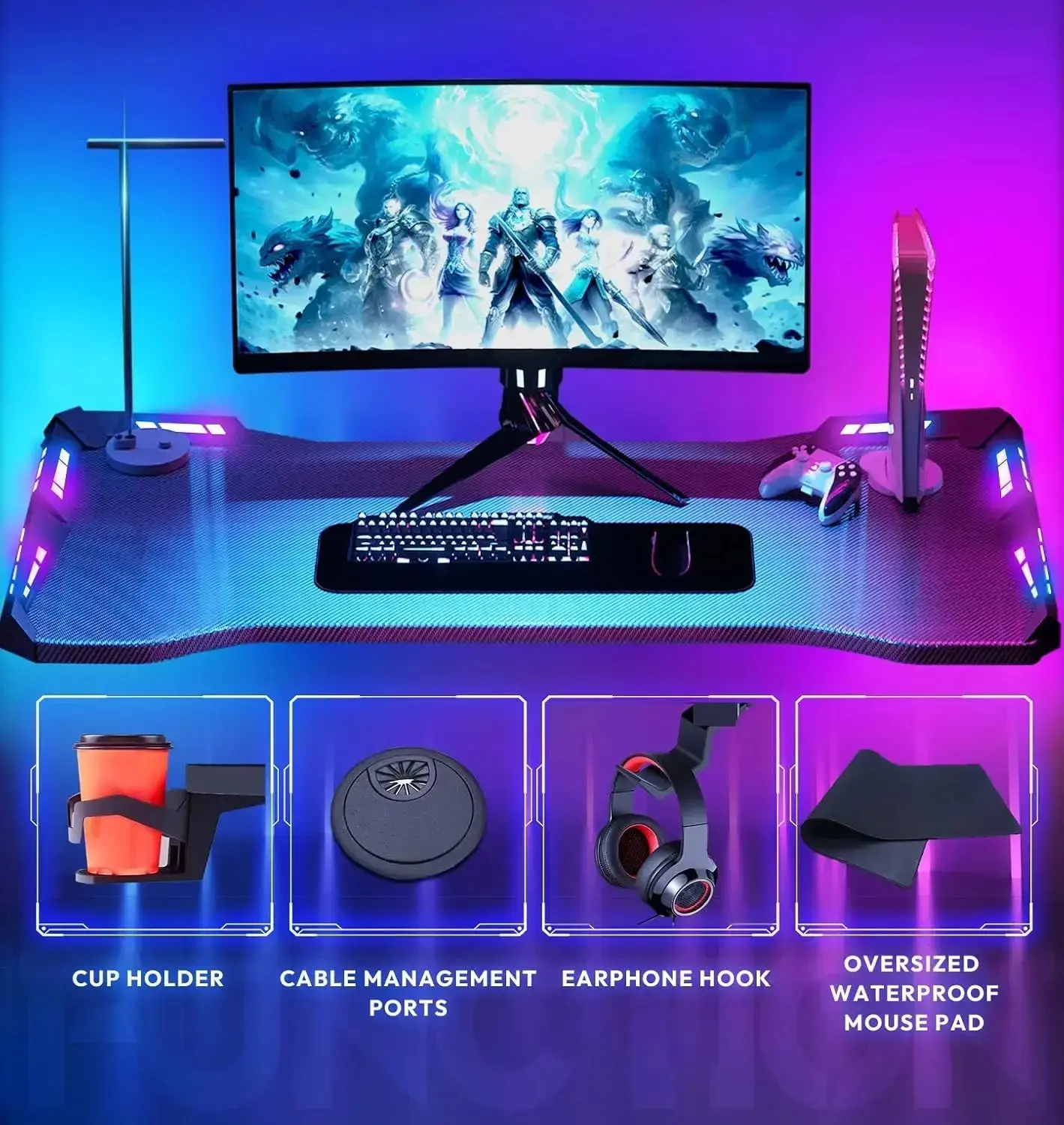 T-Shaped LED Series Gaming Desk 55 Inch Black - Image 6