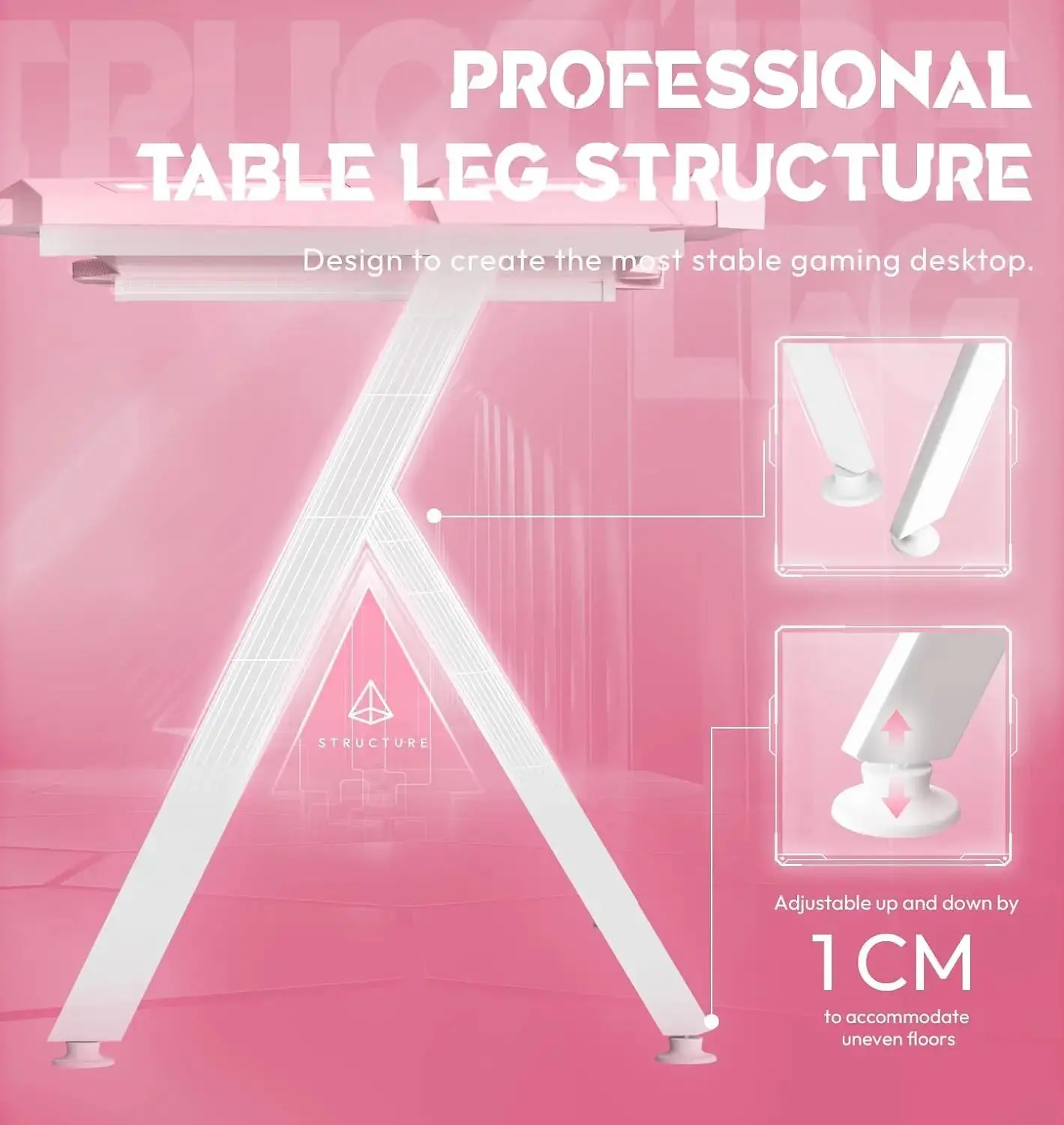T-Shaped LED Series Gaming Desk 63 Inch Pink - Image 3
