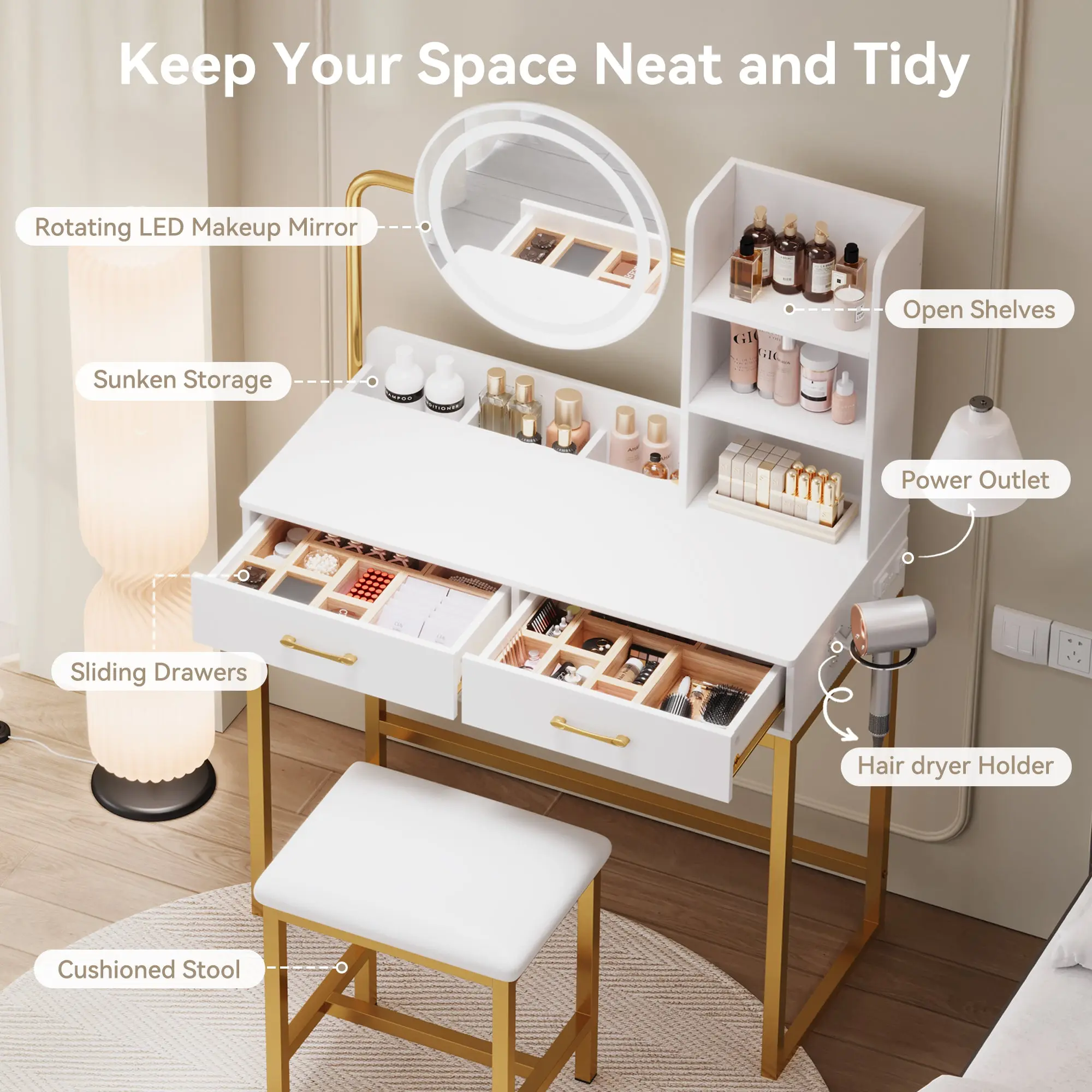 Vanity Desk GJ Gold and White - Image 4